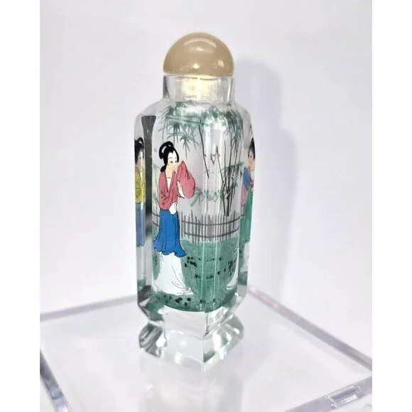 Snuff Bottle Hand-Painted Chinese Square Glass Round Lid Vintage Women je143